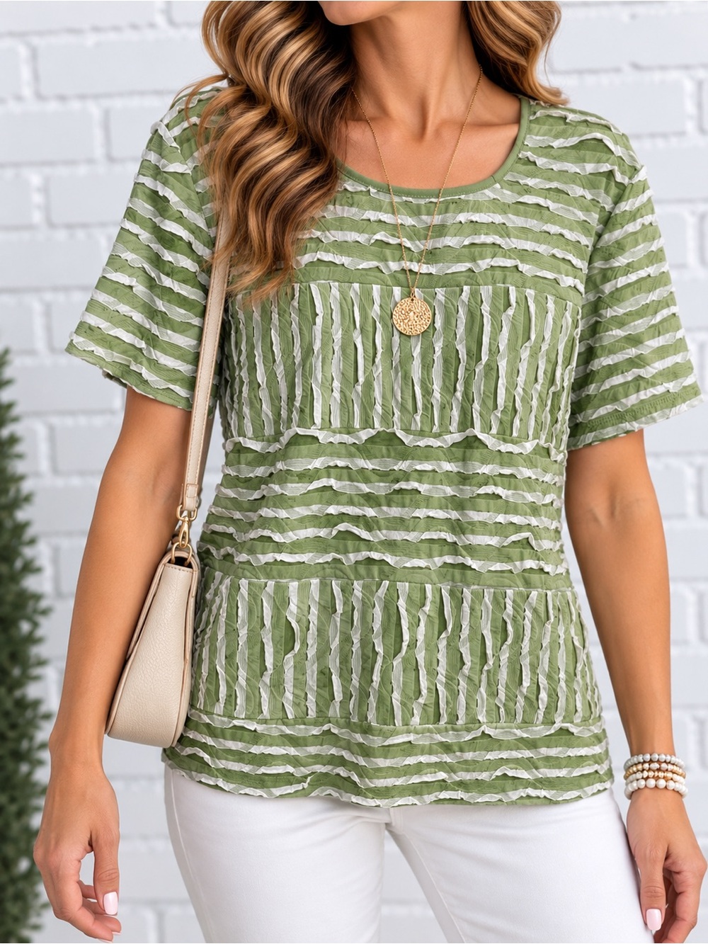 Alfred Dunner Green White Textured Ruffle Top S NWT Rayon Stretch